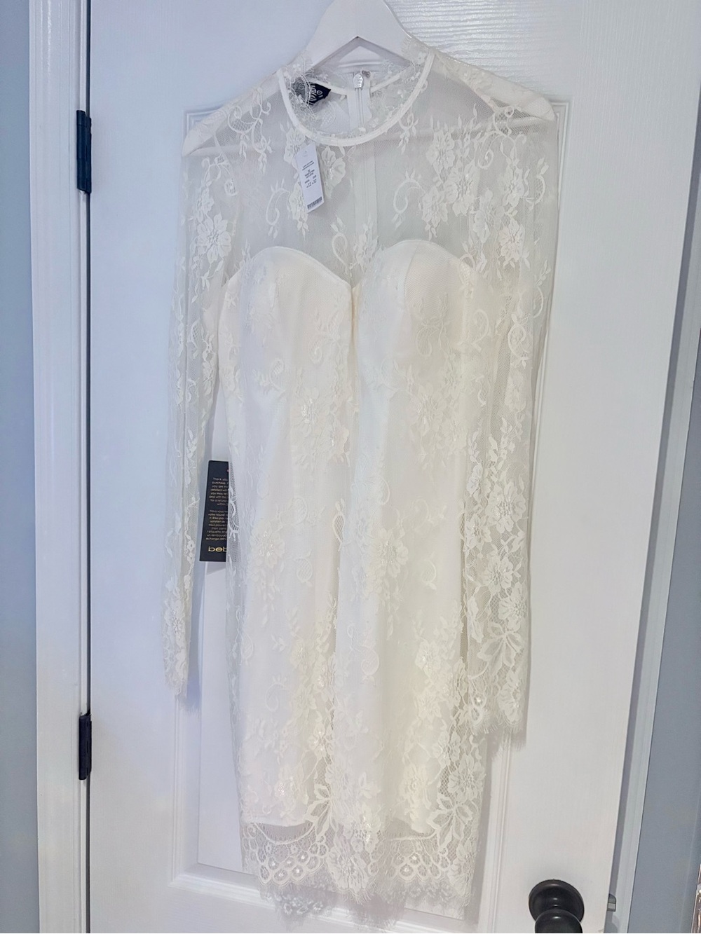 bebe NWT White Lace Long Sleeve Sheath Dress with Illusion Neck